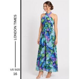 MSRP: $136 | ✨ London Times Watercolor Floral Halter Maxi Dress Size 16 NWT ✨
